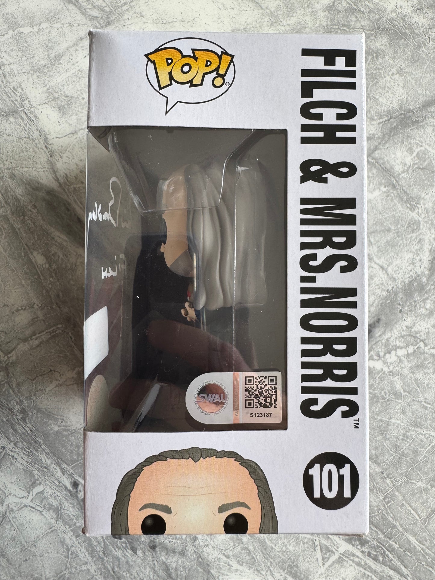 David Bradley Signed Harry Potter Filch & Mrs Norris Funko Pop - SWAU Authenticated