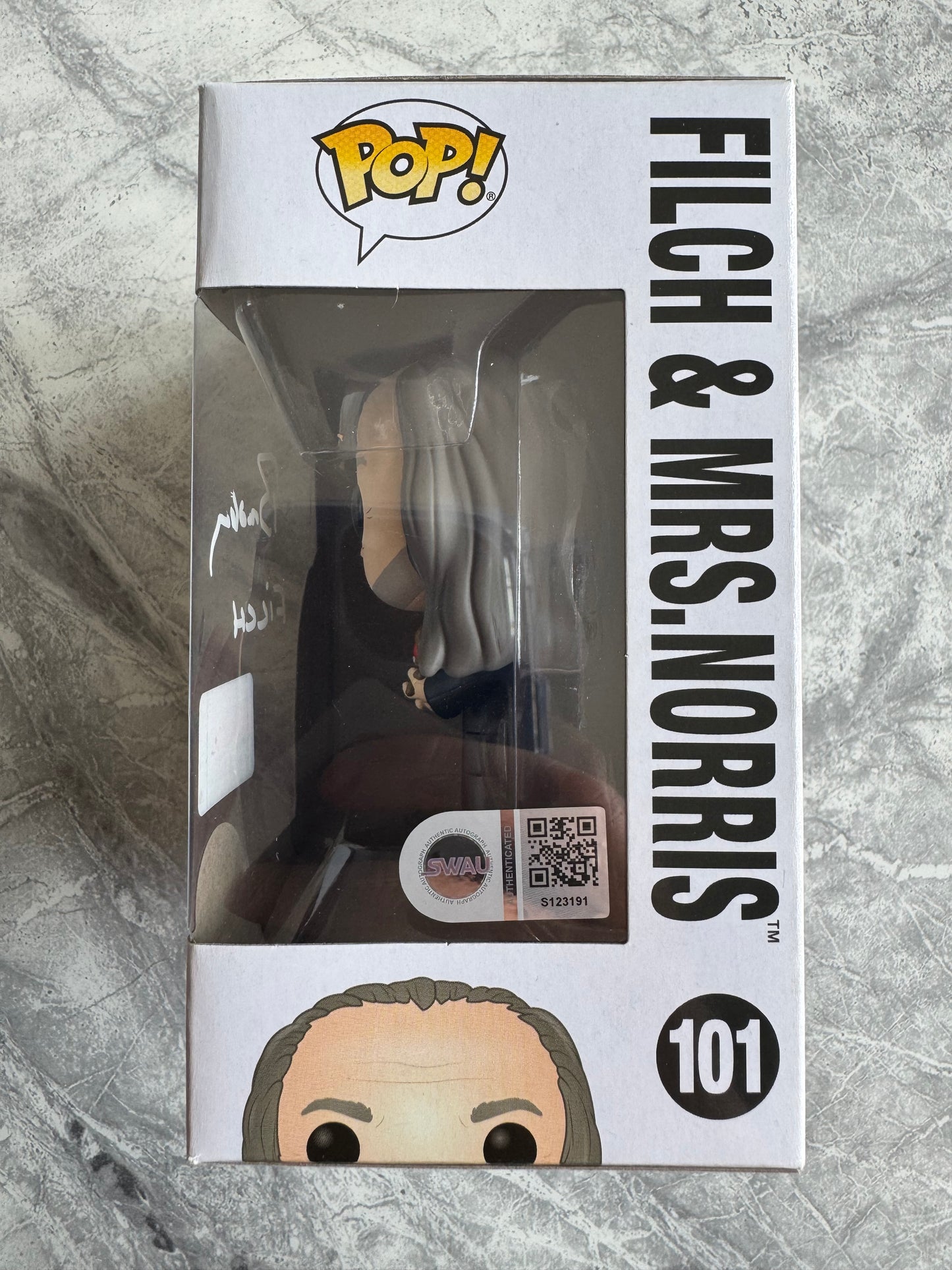David Bradley Signed Harry Potter Filch & Mrs Norris Funko Pop - SWAU Authenticated
