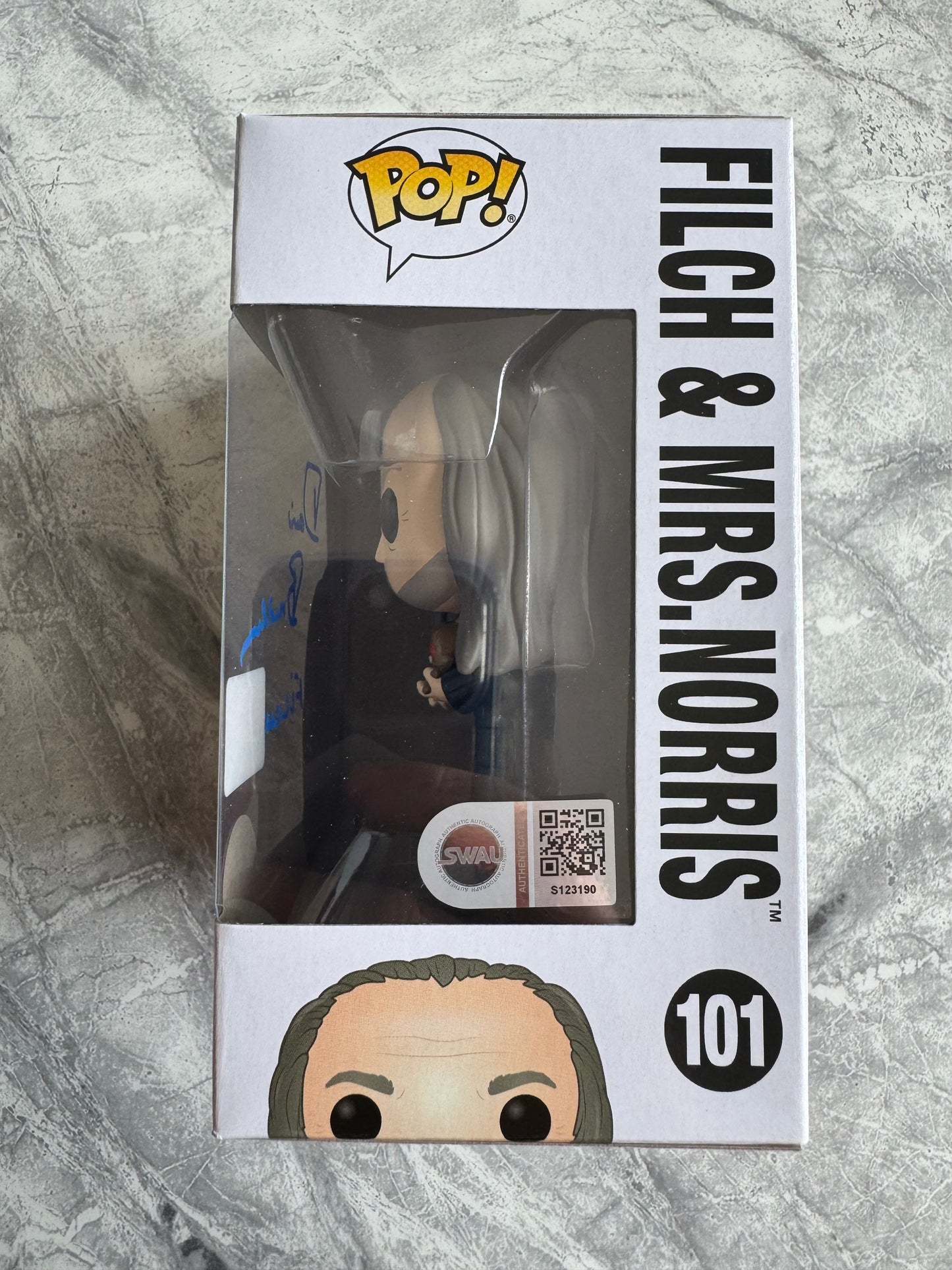 David Bradley Signed Harry Potter Filch & Mrs Norris Funko Pop - SWAU Authenticated