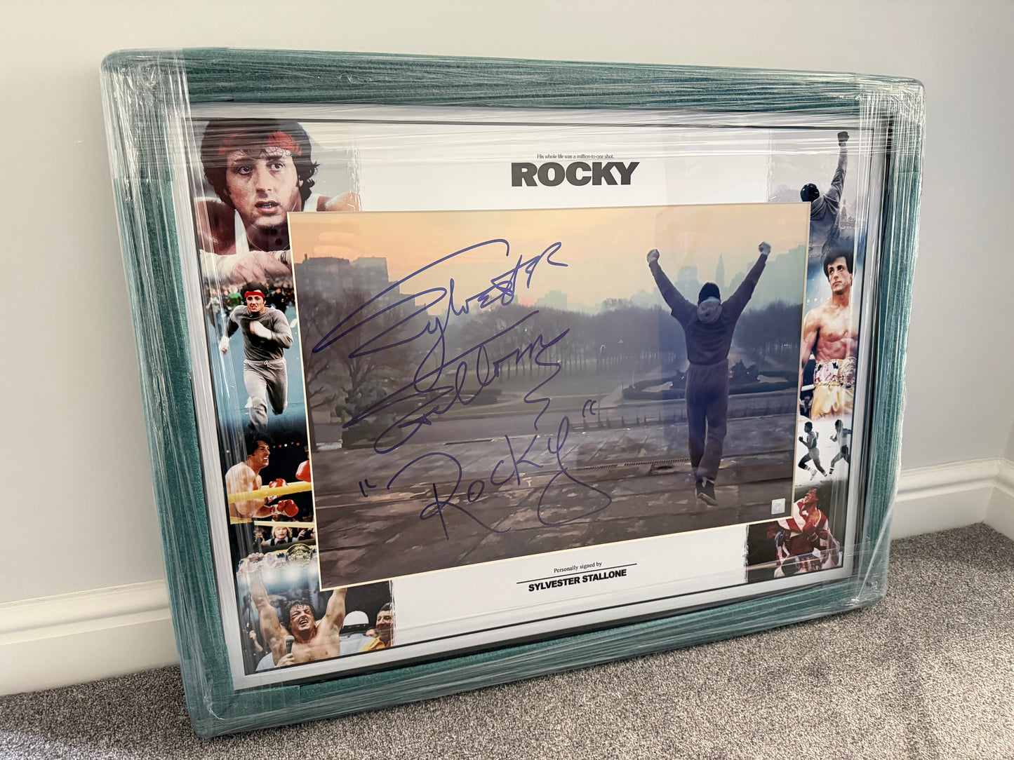 Sylvester Stallone Signed HUGE Rocky Framed Photo With Rare Rocky Inscription!