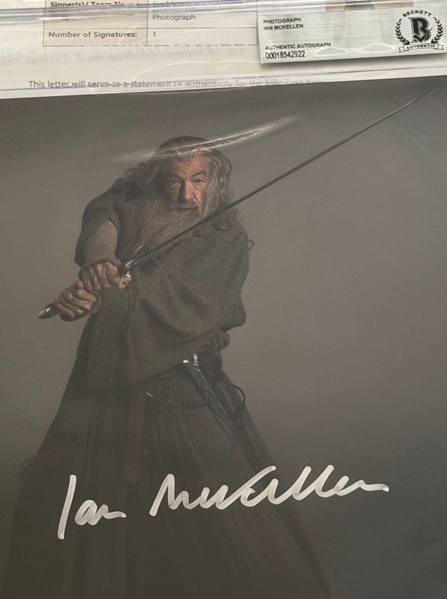 Sir Ian Mckellen Signed LOTR 8x10” Photo - Beckett Authenticated & Encapsulated