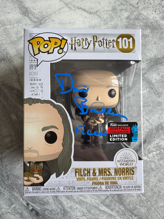 David Bradley Signed Harry Potter Filch & Mrs Norris Funko Pop - SWAU Authenticated