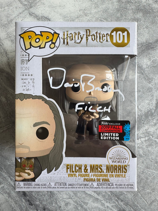 David Bradley Signed Harry Potter Filch & Mrs Norris Funko Pop - SWAU Authenticated