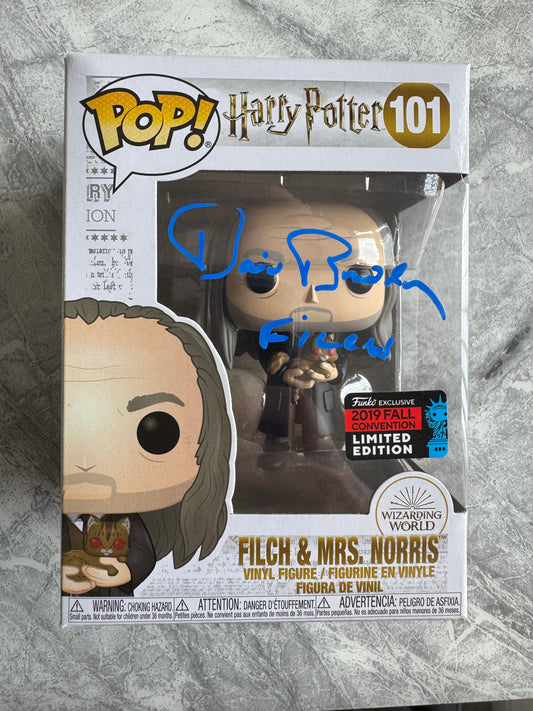 David Bradley Signed Harry Potter Filch & Mrs Norris Funko Pop - SWAU Authenticated