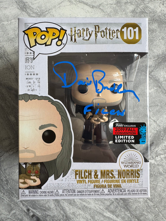 David Bradley Signed Harry Potter Filch & Mrs Norris Funko Pop - SWAU Authenticated