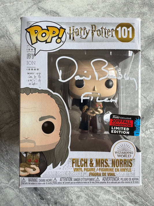 David Bradley Signed Harry Potter Filch & Mrs Norris Funko Pop - SWAU Authenticated