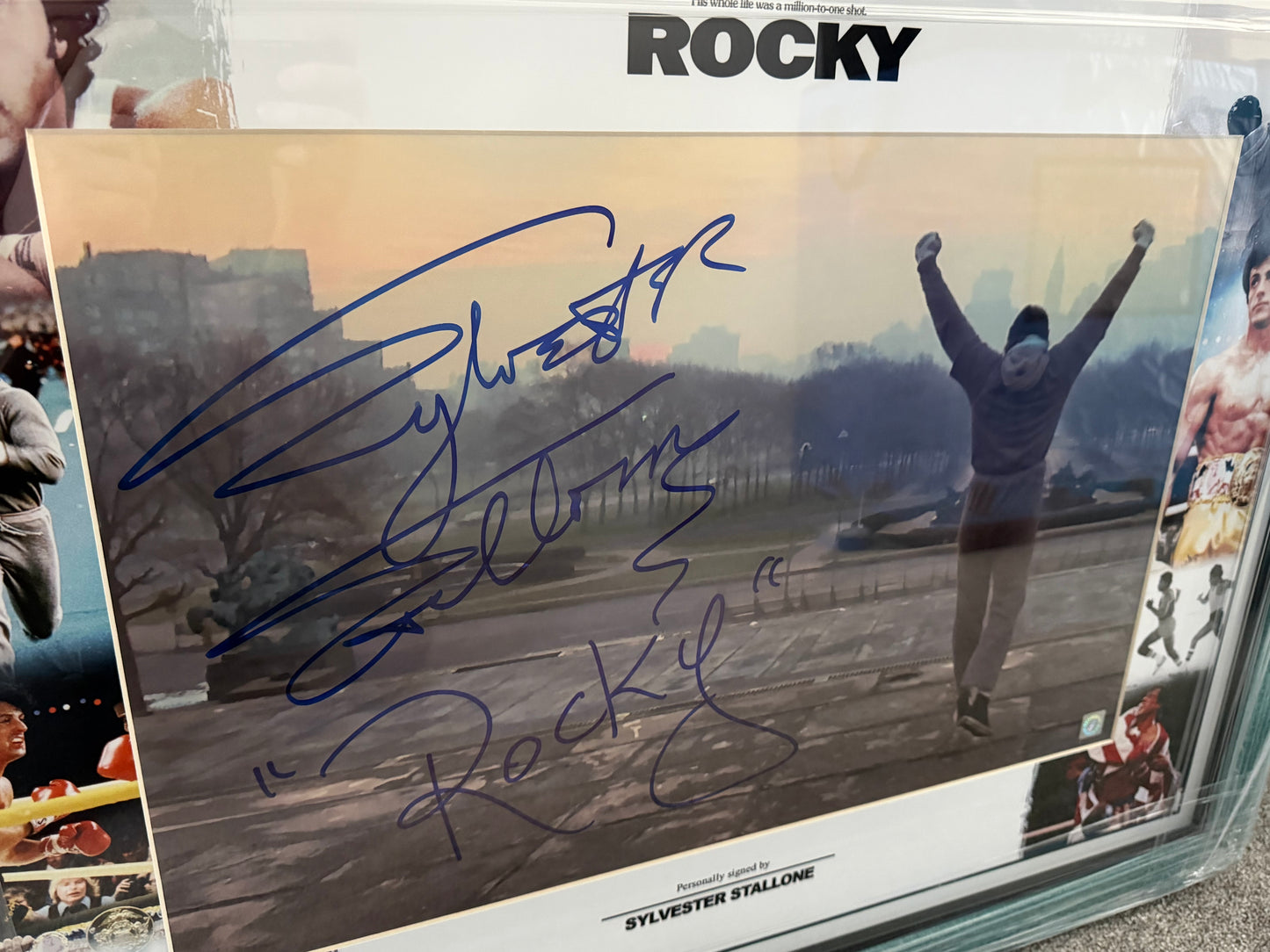 Sylvester Stallone Signed HUGE Rocky Framed Photo With Rare Rocky Inscription!
