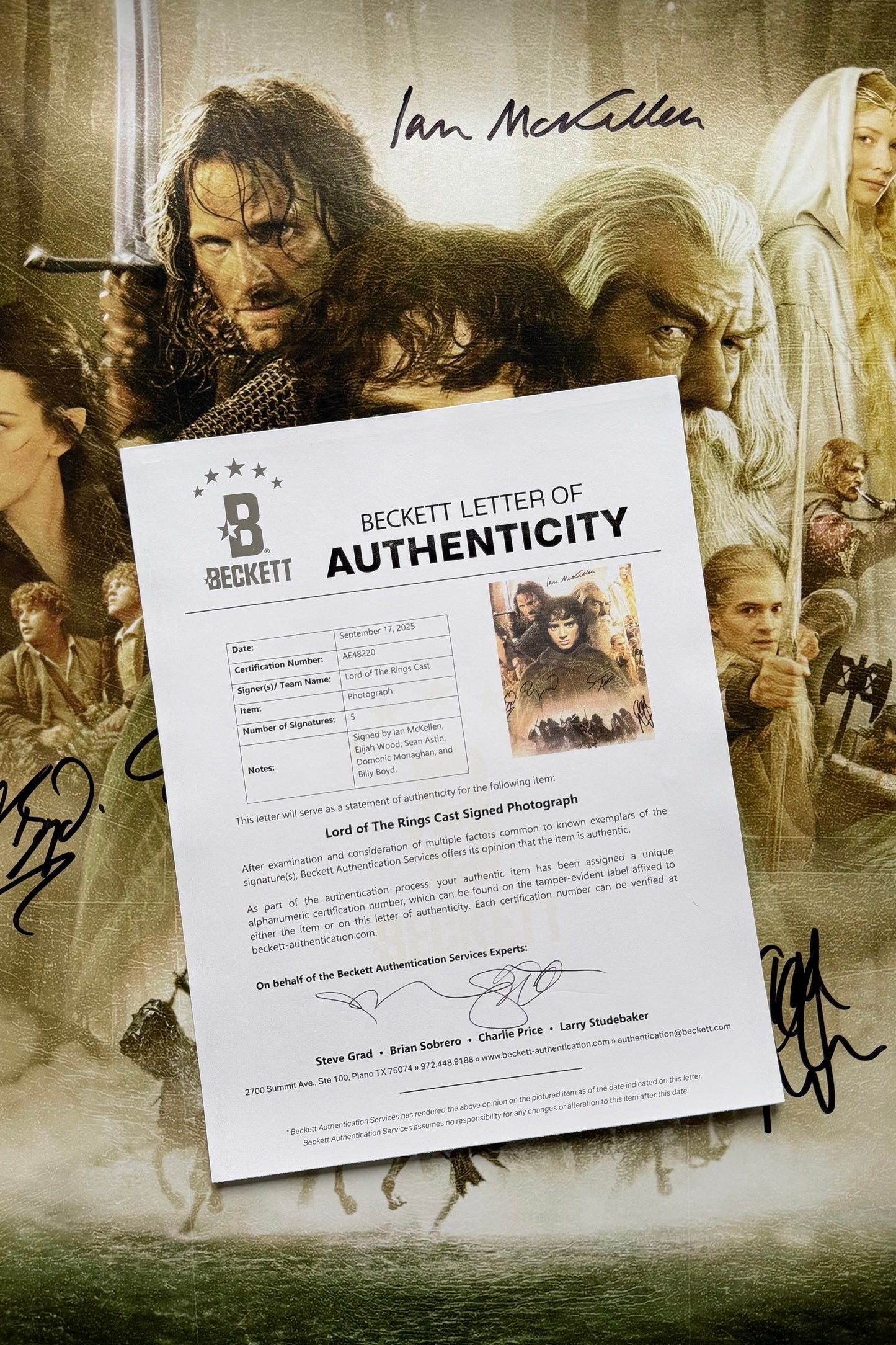 Gandalf & 4 Hobbits Multi Signed The Fellowship Of The Ring A2 Poster - Full Beckett Letter Of Authenticity