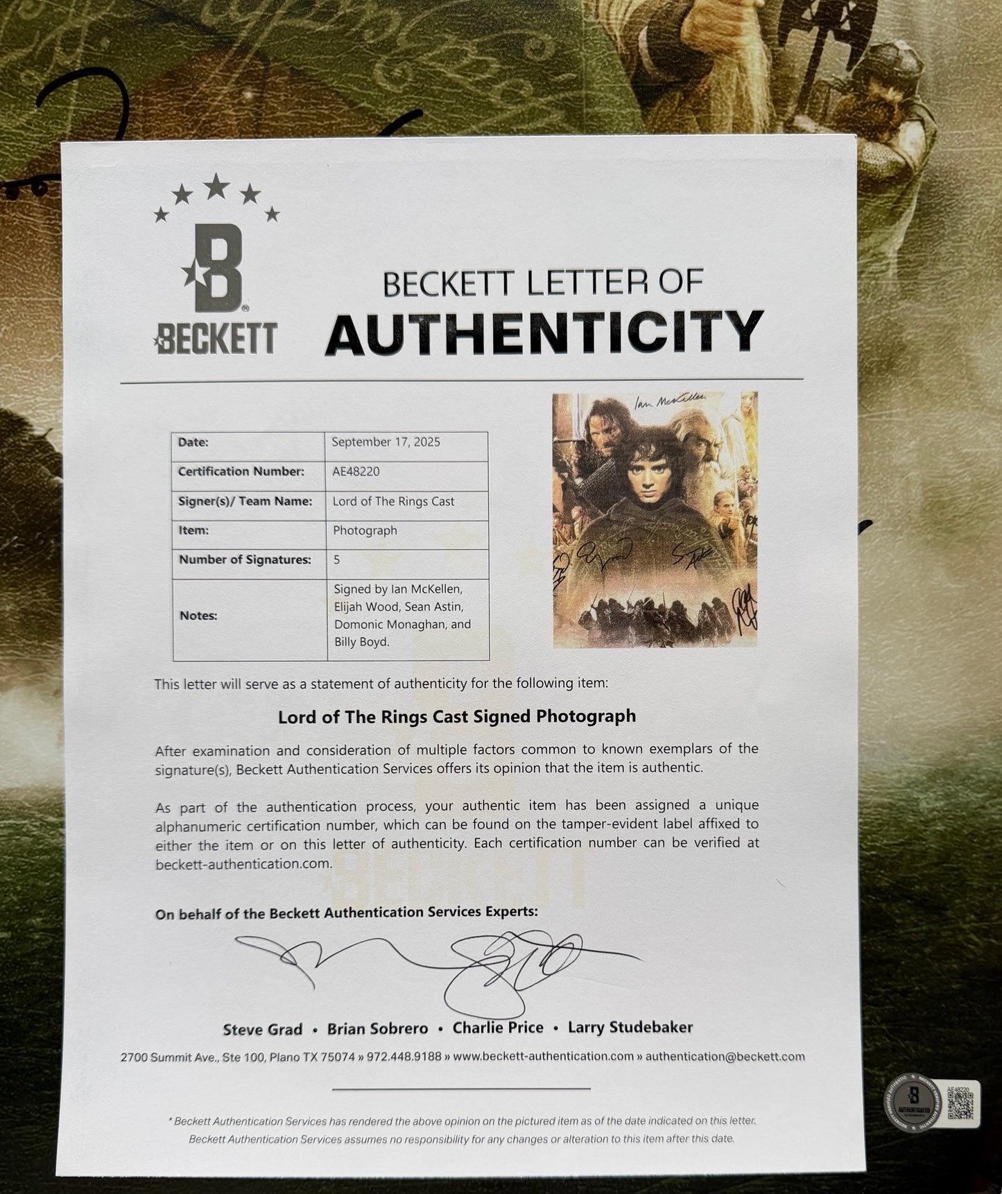 Gandalf & 4 Hobbits Multi Signed The Fellowship Of The Ring A2 Poster - Full Beckett Letter Of Authenticity